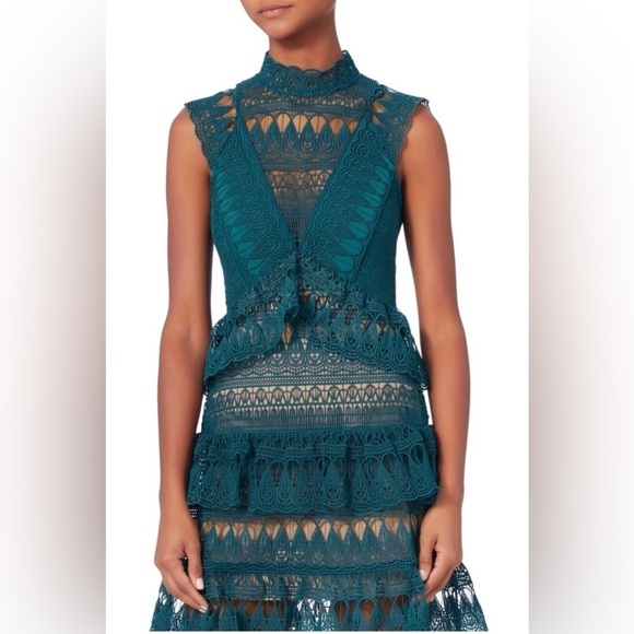 Self-Portrait / Teardrop Guipure tiered lace minidress Teal turquoise US 6 UK 10 - Picture 4 of 8
